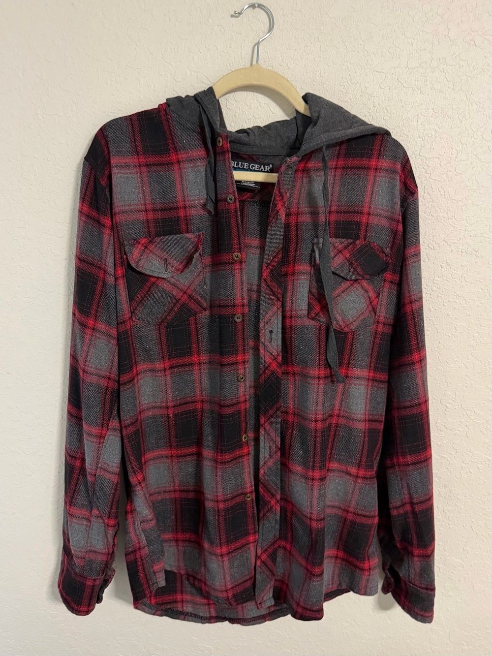 BLUE GEAR Men's Black Red Gray Plaid Hooded Flannel Button-Front Shirt Medium